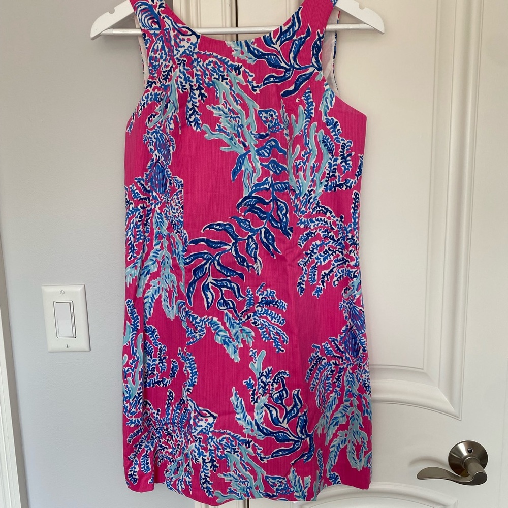 Lilly Pulitzer dress Pink with blue coral print Starfish gold zipper Size 2